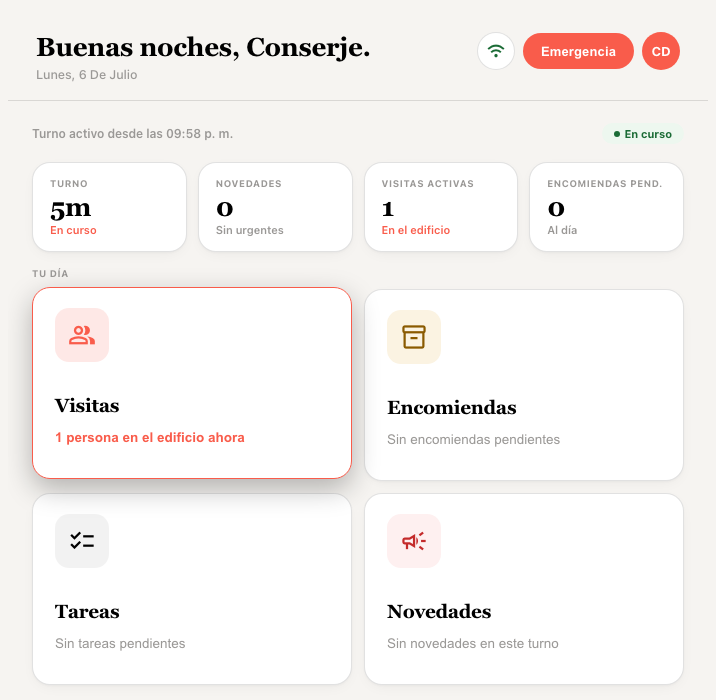Portia — pantalla de inicio del conserje